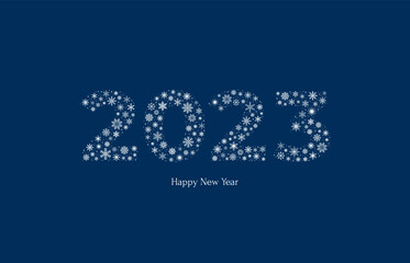 New Year greeting card. Number 2023 made of white snowflakes on a blue background. Vector illustration