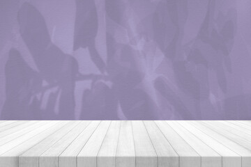 White Wood Table with Leaves Shadow on Digital Lavender Concrete Wall Texture Background, Suitable for Healthy Product Presentation, Backdrop, Display, and Mock up.