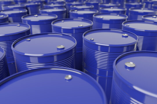 Large quantity of blue oil barrels, 3d rendering. Crude oil, fossil fuel trading and large scale economy concepts