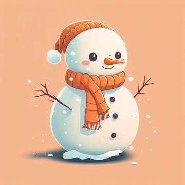 Snowman With Orange Hat And Scarf Isolated On Orange Background