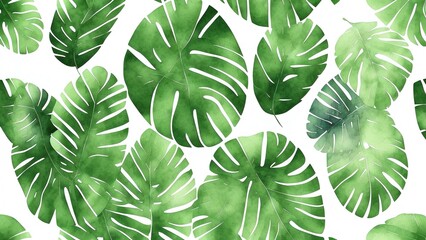 Tropical seamless pattern with leaves, Watercolor background with tropical leaves, Green tropical leaves on white background.