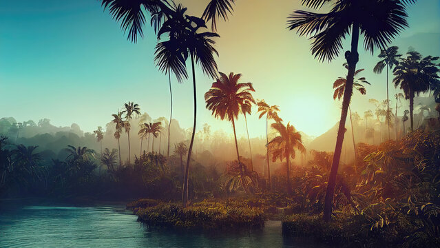 Beautiful river through rainforest at sunset (Generative AI)
