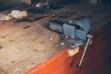 Wooden workbench and carpentry tools