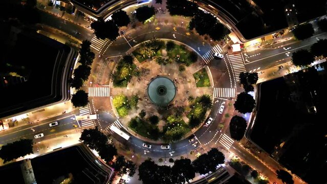 Tel Aviv Drone Shot. Zoom In Kikar Dizengoff In Israel Night Time Aerial Shot. Beautiful Roundabout City Center In The Middle East.