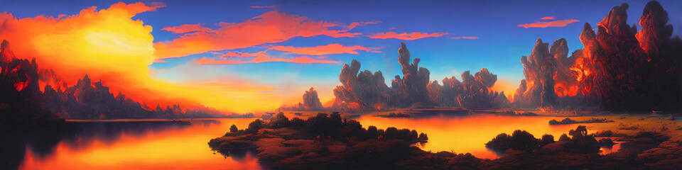 Naklejka premium Panoramic view of the lake and forest. Beautiful landscape. Orange sky.