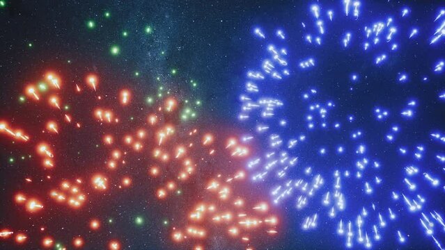 Beautiful 3D rendering. Multi Colored fireworks on the background of the starry sky. New Year's fireworks. Concept of Christmas celebration. Place for your text.
