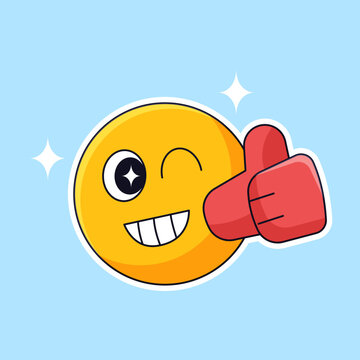 Cute Blinking Eye Emoji Face With Thumb Up Hand Gesture For Good Job Nice Work Social Media Emoticon Outline Vector Illustration Design