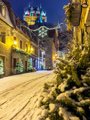 Snow  in December in the festive decorated streets of Old Quebec City, Quebec,Canada