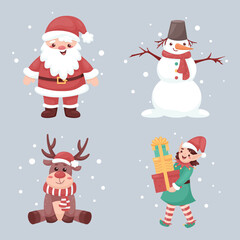 Christmas characters set Santa Claus Elf Snowman deer cute vector illustration