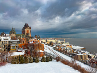 Terrasse Dufferin  with snow and Hotel Chateau Frontenac.Old Quebec City, Quebec,Canada