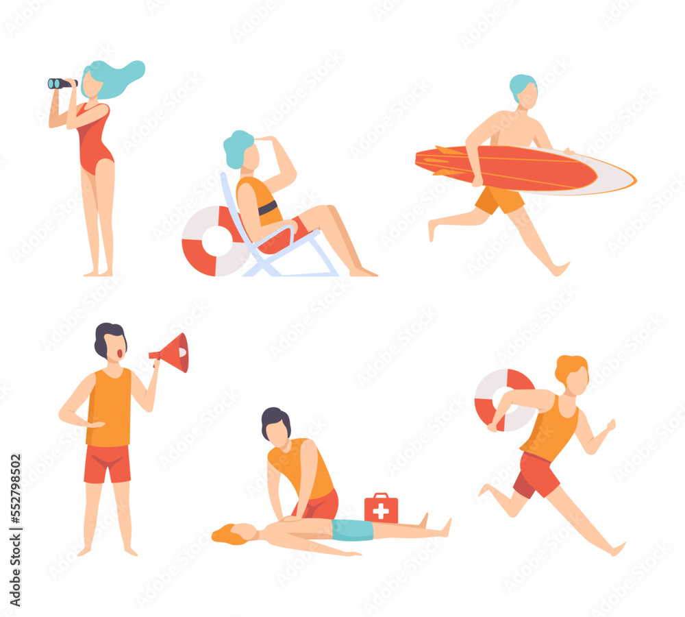 Poster man and woman beach lifeguards with megaphone, lifebuoy and binoculars ensuring safety vector set