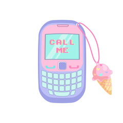 Cute purple pink mobile phone with trinket. Vector illustration of y2k, 2000s, 1990s, 1980s graphic design. Comic element for sticker, poster, graphic tee print, bullet journal cover, card. Bright