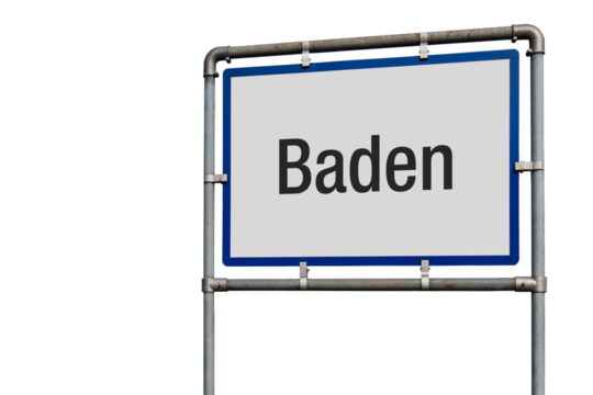 Ortseinfahrtsschild, Stadt Baden, Österreich