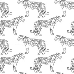 One line seamless pattern of tiger isolated on white. black outline. modern stock Illustration of the exotic tropical animal. For gift wrapping, textile, wallpaper, scrubbing, web page lights, fill