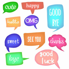 set collection speech bubbles of cute, hello, sweet, bye, happy, OMG, SEE YOU, GOOD BYE, thanks, good luck. message, communication, dialog, cartoon, thought, chat, speak. vector design illustration