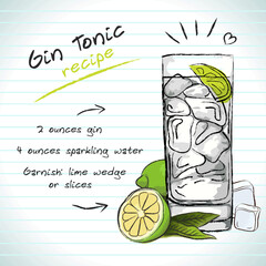 Gin and Tonic cocktail, vector sketch hand drawn illustration, fresh summer alcoholic drink with recipe and fruits	