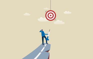 Focus on target. Overcome yourself and the challenge. Achieve business objective. .Businessman standing on the cliff and looking at the target in the sky. Illustration