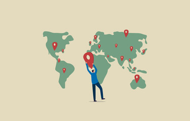 Global expansion strategy. Grow business in a global. Businessman putting pin new branch on global world map. Illustration - obrazy, fototapety, plakaty