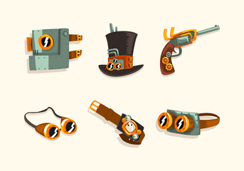 Steampunk Fictional Objects and Mechanism with Goggles, Top Hat, Watch, Helmet and Mechanical Pistol Vector Set