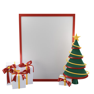Christmas tree with photo frame background and gift box, Merry Christmas and Happy New Year. 3d render