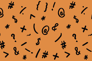 Obraz premium pattern with the image of keyboard symbols. Punctuation marks. Template for applying to the surface. yellow orang background. Horizontal image.