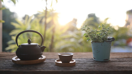 Metal black kettle tea pot and small tea cup and plant pot on wooden table outdoor