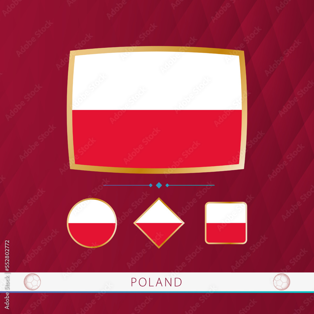 Wall mural set of poland flags with gold frame for use at sporting events on a burgundy abstract background.