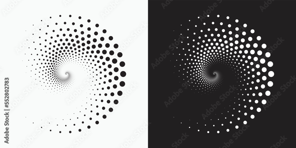 Aufkleber Circle halftone spiral backdrop set. Dotted abstract concentric circle. spiral, swirl, twirl element. Circular and radial dots helix. Design element for multipurpose use.	