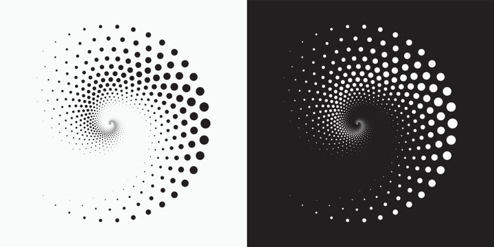 Circle halftone spiral backdrop set. Dotted abstract concentric circle. spiral, swirl, twirl element. Circular and radial dots helix. Design element for multipurpose use.	