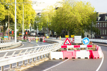 Work site closed with roadblocks for road works in the Netherlands