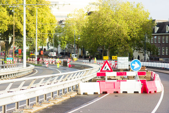 Work site closed with roadblocks for road works in the Netherlands