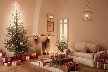Cozy vintage Christmas holdiay decorated room with Christmas tree, fireplace, candles, toys, carpet and armchair.