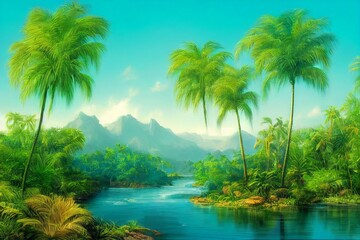 Fototapeta na wymiar Palm trees against blue sky, tropical coast with waterfall and mountains on a background, river, lake with turquoise water. Summertime.