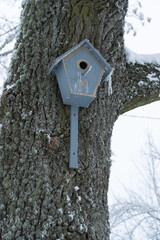 The birdcage is covered with snow and ice in the winter