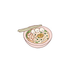 Thai pork noodle soup, freehand drawn style on white background
