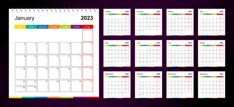 Colorful wall calendar for 2023 on dark background, week starts on Monday.