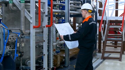 A young engineer at a factory checks the blueprint of a pipeline connection to a compressor unit....