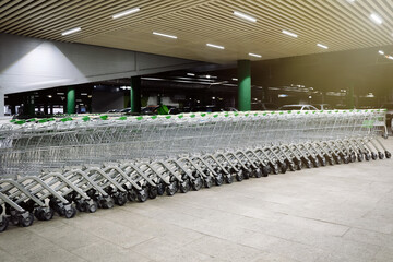 Lots of empty carts with green handles for shopping