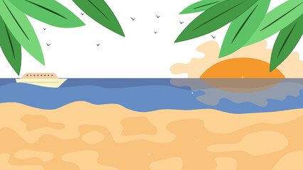 Fototapeta na wymiar Summer Vacations Concept. Beautiful Summer Landscape With Exotic Palm Trees, Ocean, Luxury Yacht And Sunset. Beautiful Tropical Island Beach with Palm Trees. Cartoon Flat Style. Vector Illustration