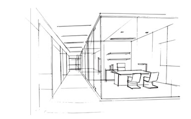 Sketch drawing of a manager's room in an office space,Modern design,vector,2d illustration