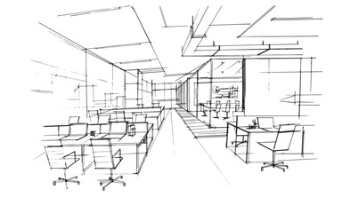 office work area sketch drawing,Modern design,vector,2d illustration