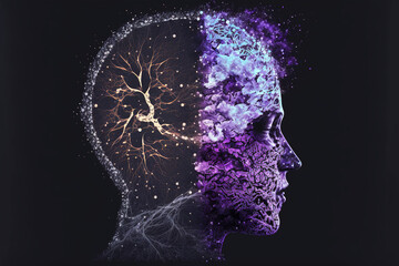 Illustration of the human skull and mind composited with abstract connections. Generative AI