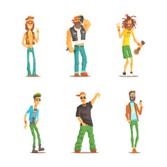 Man Character of Different Subcultures with Biker, Punk, Hipster and Rastaman Vector Set