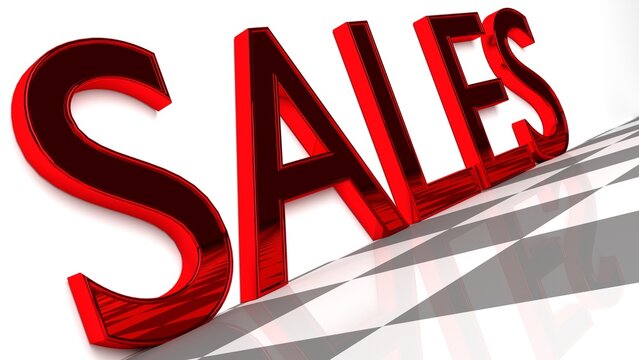 SALES word in glossy red on a white background and a checkerboard pattern floor 3d Rendering - Illustration