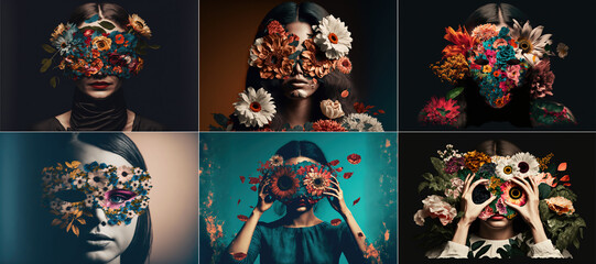 A large collage with flowers on the girl's face. A fantastic portrait of a woman with wild and ordinary flowers on her face. Layout for your product.  Generative AI technology