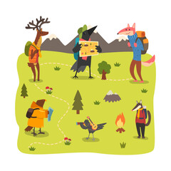 Wild Animals Traveling and Hiking Walking with Backpack Vector Set
