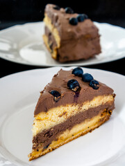 Dark chocolate blueberry cream cake on plate
