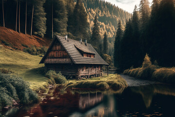 A picturesque scene of a wooden cottage by a river in Germany's Black Forest Generative AI - obrazy, fototapety, plakaty