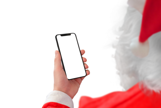 Isolated Santa Claus with smart phone. Transparent display for mockup and background