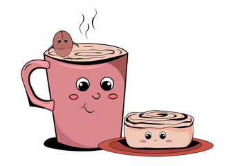 Vector illustration of coffee with cupcake. fun coffee, fun baking. coffee, cake, pastries, tea